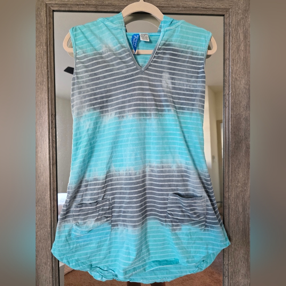 Striped Sleeveless Hooded Top in Blue and Gray
